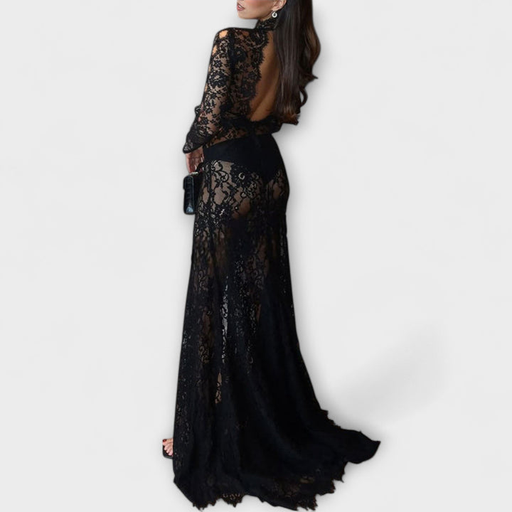 Azalea - Midnight Elegance Transparentní Výřez Dlouhý Rukáv Stretch Maxi Šaty