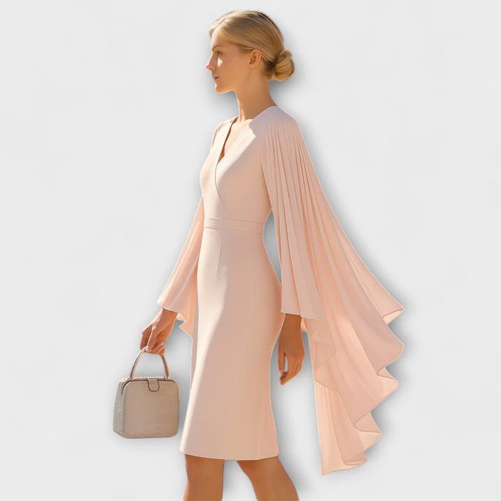 Rachel - Růžové midi šaty s výstřihem do V a chiffonovými rukávy