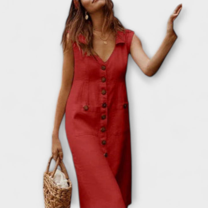 Nora – A-Linie Šaty z Bavlny a Lnu s Výstřihem do V