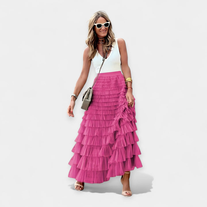 Valerie - Boho Sukně s Síťovaným Saténovým Lemem