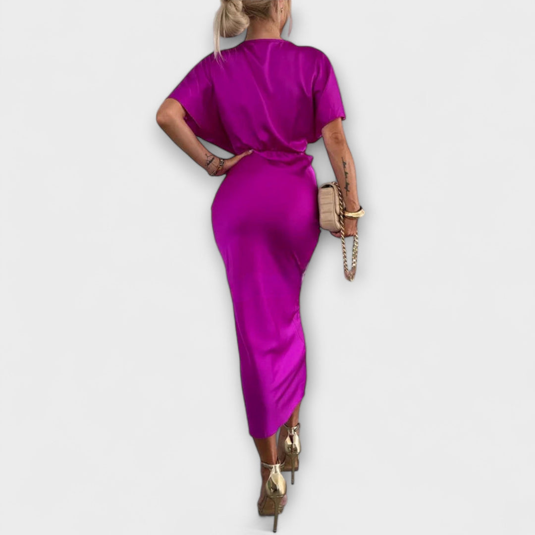 Sable - Maxi šaty s V výstřihem a křížovým uzlem z pevného saténu