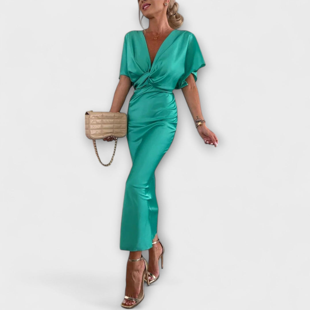 Sable - Maxi šaty s V výstřihem a křížovým uzlem z pevného saténu